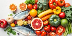 Heart-healthy foods like fruits, vegetables, and fish.
