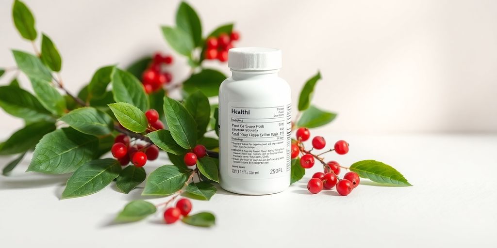 Nutritional supplement bottle and green leaves