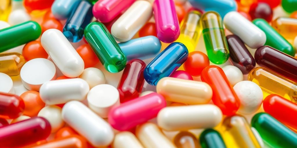 Assorted vitamin pills, capsules, and softgels.