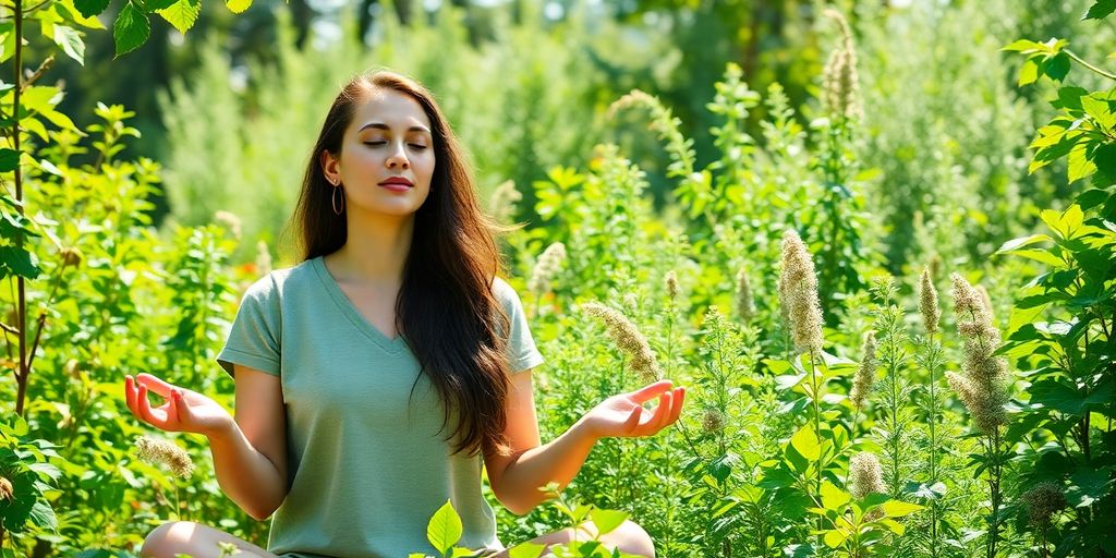 Woman meditating in sunlit garden, surrounded by herbs.