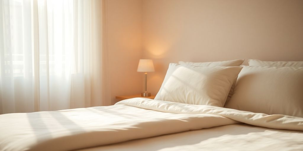 Peaceful bedroom, soft lighting, cozy bed, sleeping comfortably.