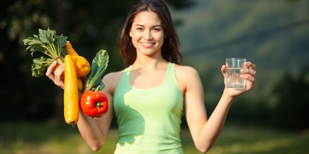 Woman balancing fruit, vegetables, weights, and water.
