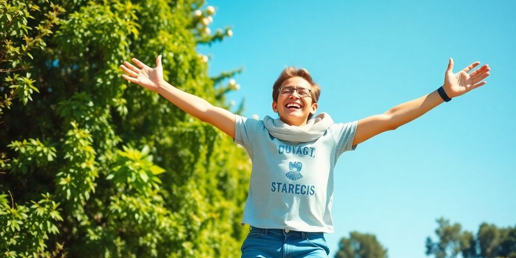 Bright, energetic person jumping in sunny, green, vibrant outdoor setting.