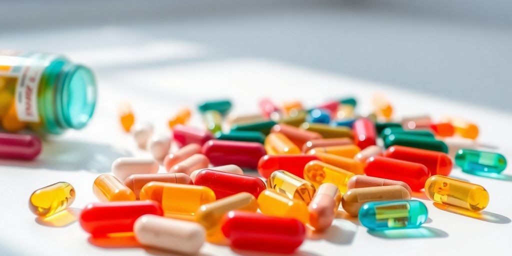 Colorful vitamin supplements arranged on a clean, bright surface.