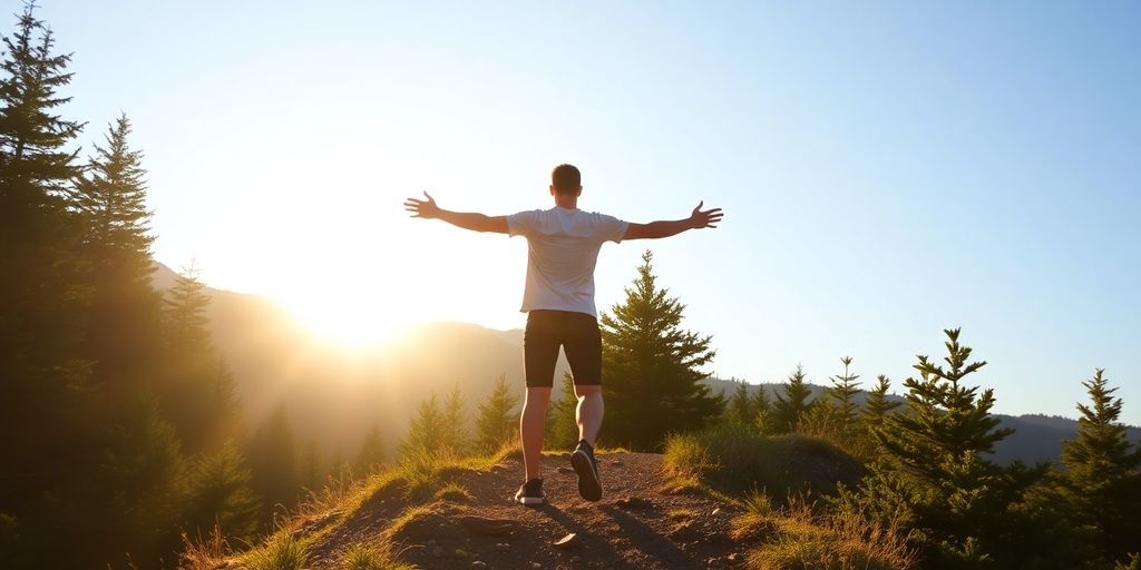 Person hiking at sunrise, feeling energized