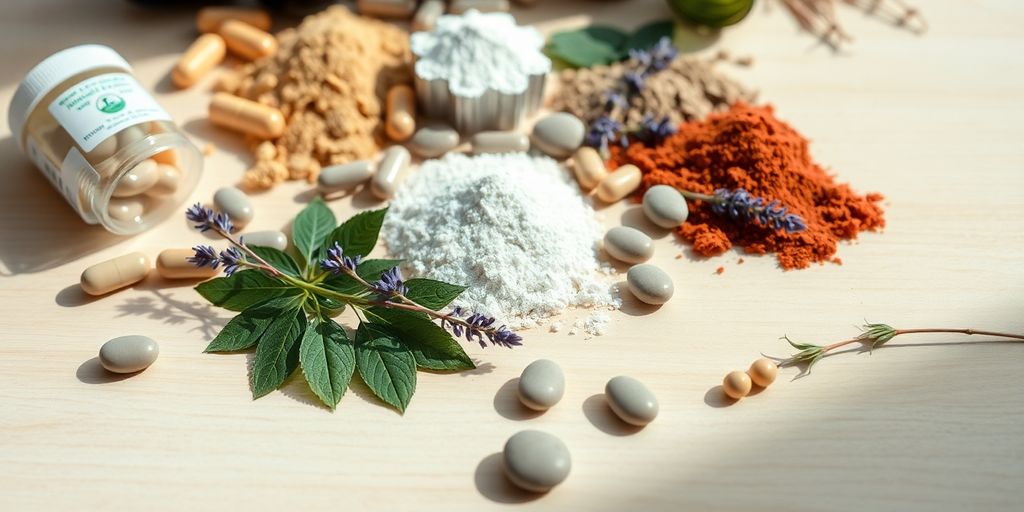 Herbal supplements and calming elements.
