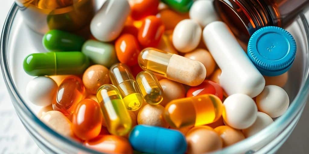 Tablets, capsules, and softgels in a glass bowl.