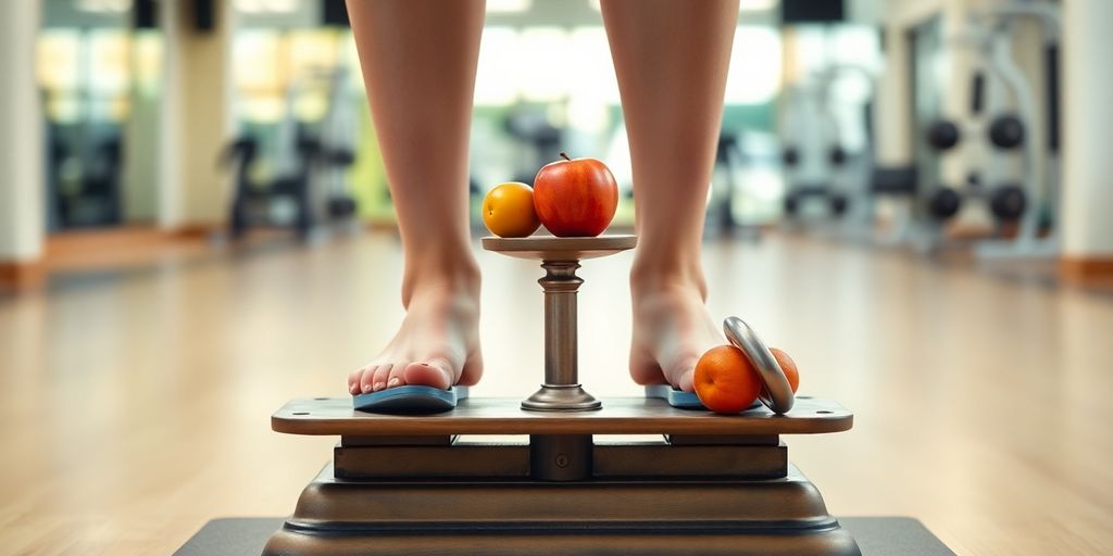 Person balancing on scales, holding fruit and weights.