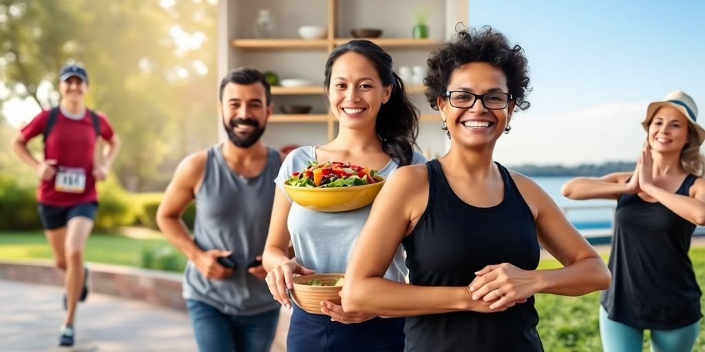 Diverse people exercising, eating healthy, smiling joyfully.