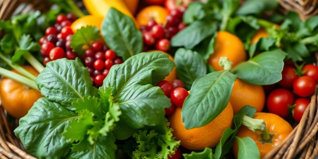 Bright, colorful fruits and vegetables in a wicker basket.