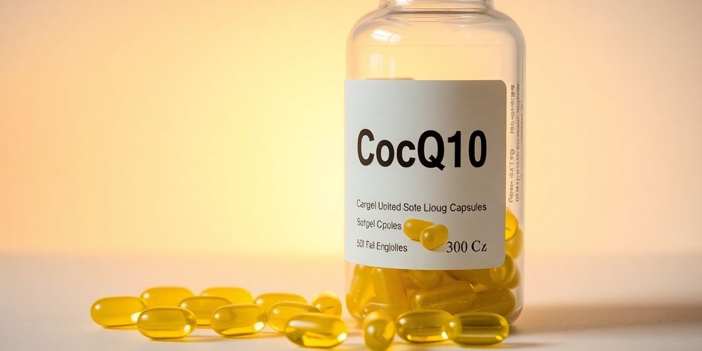 CoQ10 bottle, softgels, yellow glow