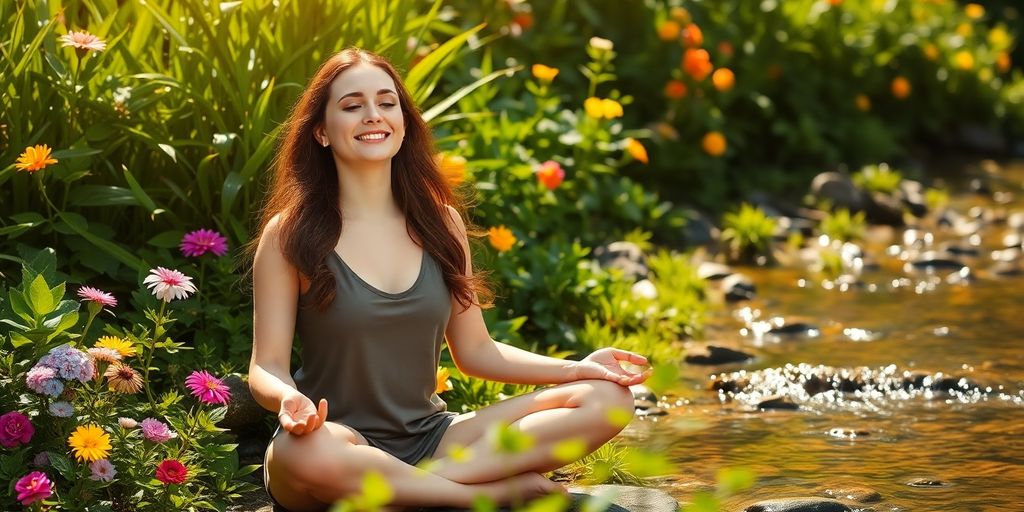 Woman meditating in a peaceful, sunlit garden.
