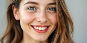 Woman with glowing, fair skin smiling.