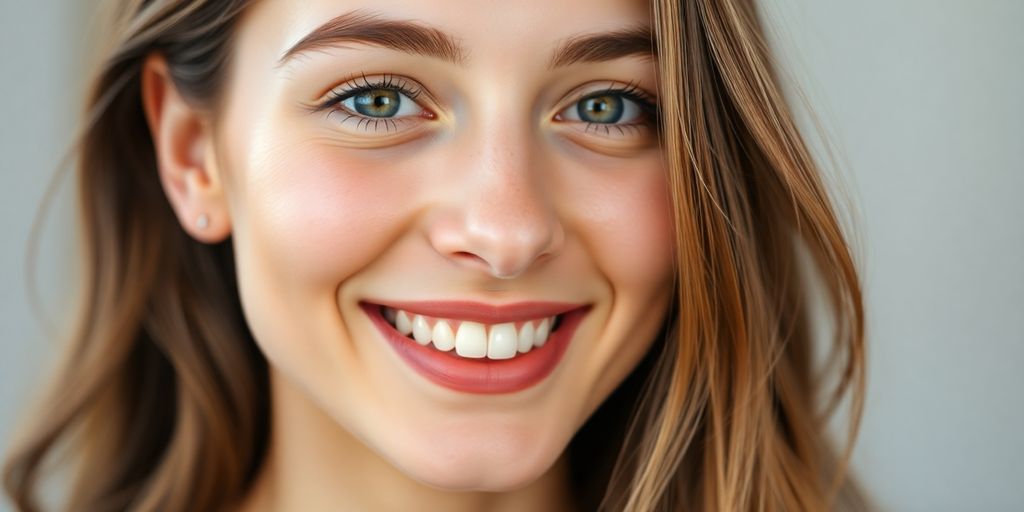 Woman with glowing, fair skin smiling.