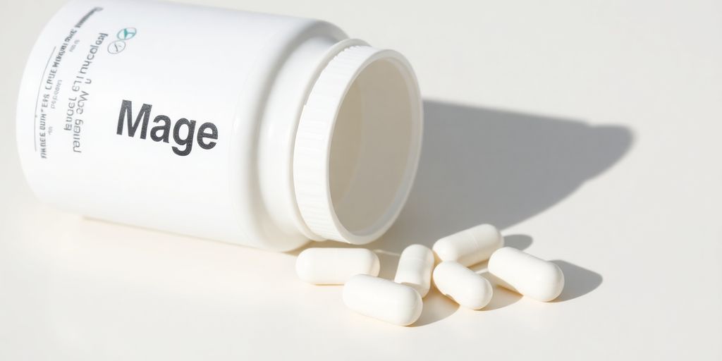 Magnesium supplements bottle with scattered pills