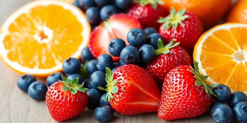 Bright red strawberries, blueberries, and citrus fruits.