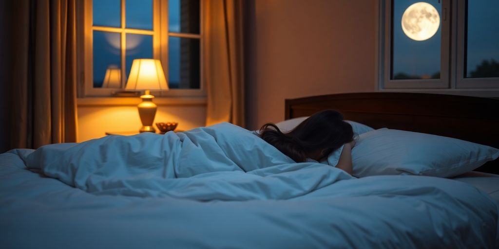 Peaceful bedroom, soft lighting, person sleeping soundly.
