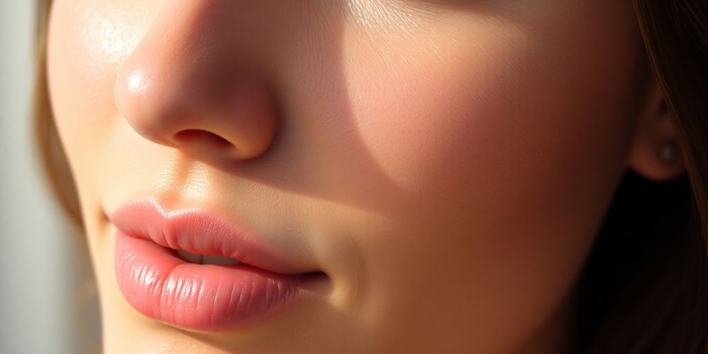 Radiant woman's face, sunlit, dewy skin close-up