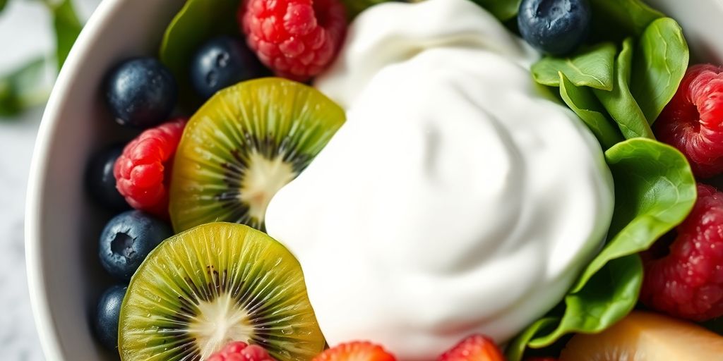 Colorful fruits, vegetables, and yogurt in a bowl.
