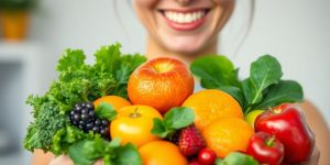 Person smiling, holding colorful fruits and vegetables.