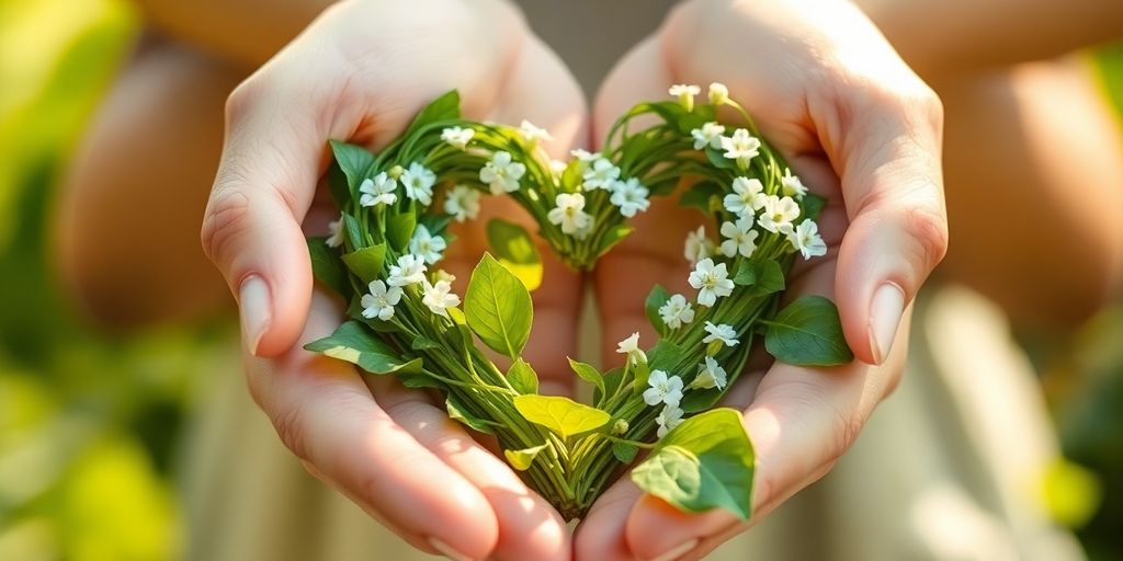 Cupped hands holding a glowing heart of green leaves.