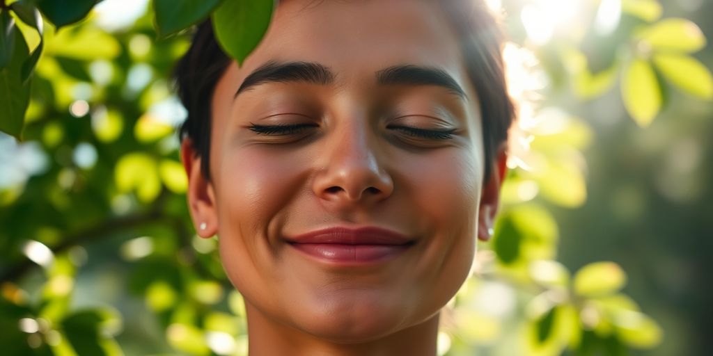 Serene person meditating outdoors, surrounded by nature.