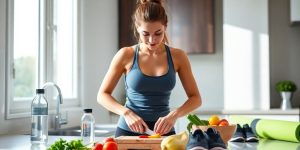 Young woman chopping vegetables in kitchen with yoga mat nearby