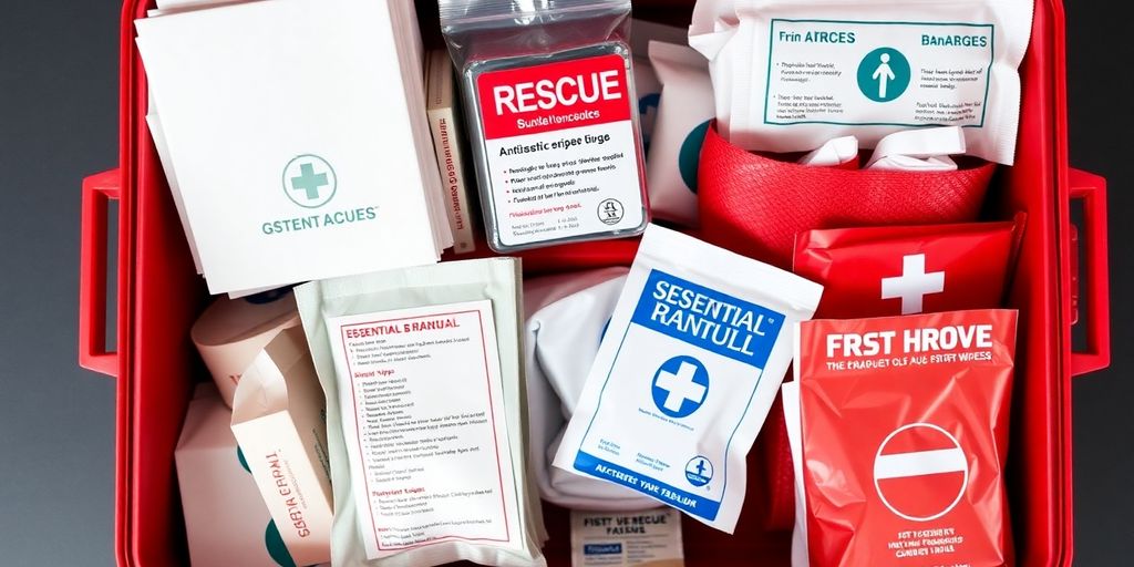 Emergency kit with first aid supplies.