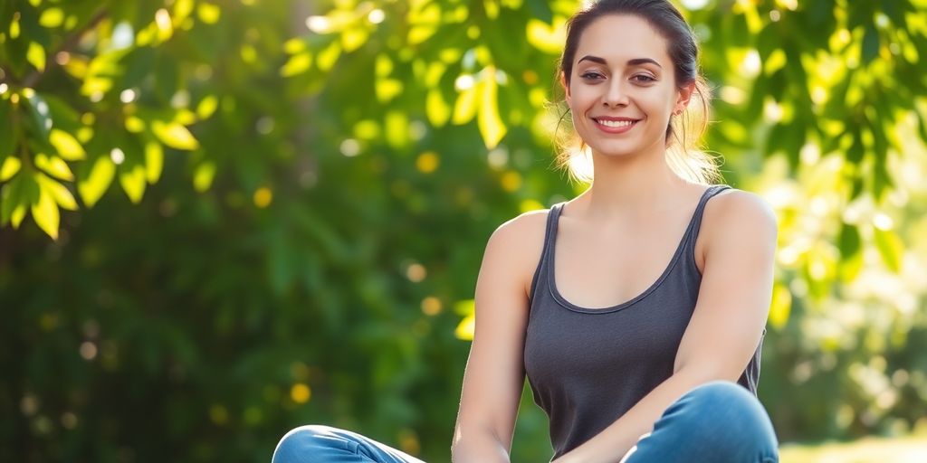 Woman meditating among lush green plants.