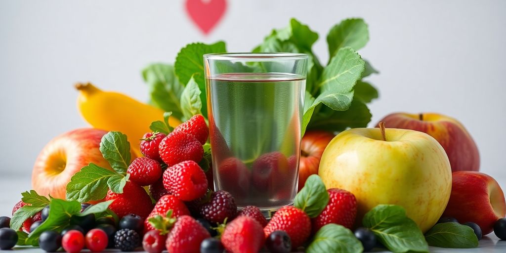 Heart-healthy foods with red heart illustration.