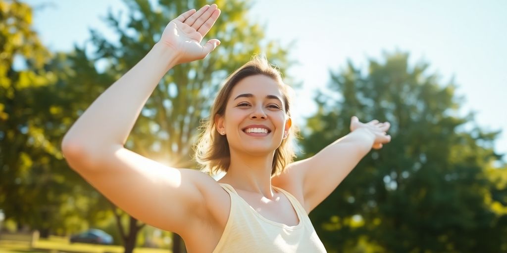 Person smiling peacefully in a yoga pose outdoors.