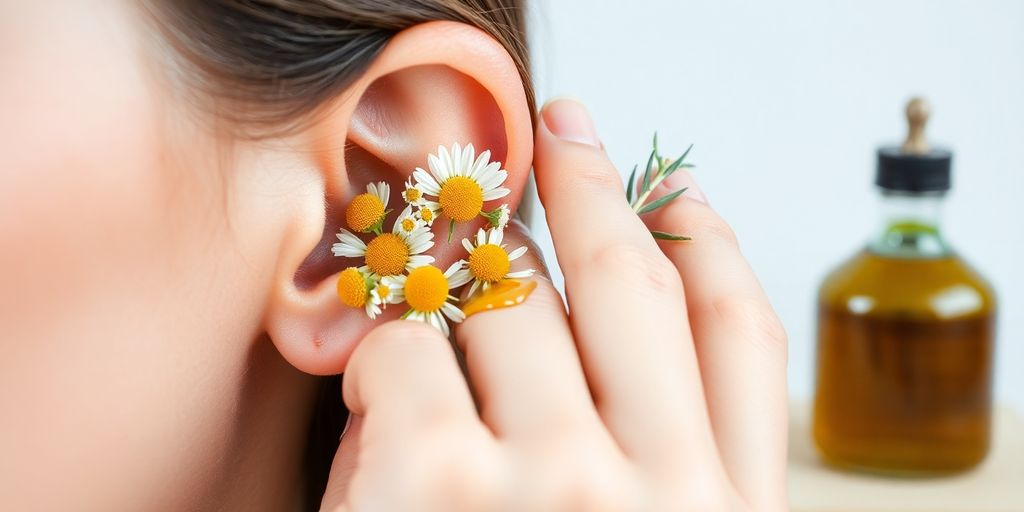 Person gently holding ear with herbs nearby.
