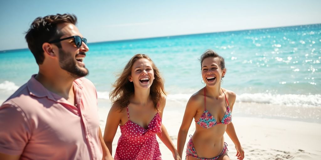 Happy family enjoying a sunny beach vacation.