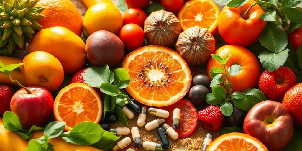 Vibrant red blood cells and energy-boosting supplements.