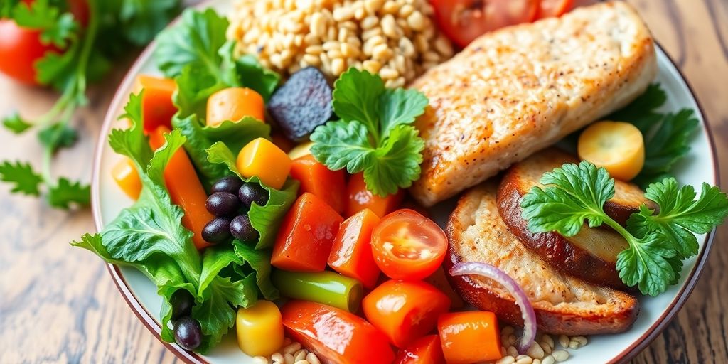 Heart-healthy colorful meal with fresh vegetables and lean protein.