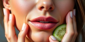 Woman with glowing skin holding a natural ingredient.