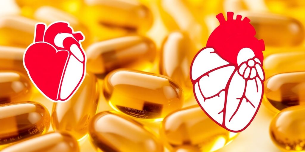 Fish oil capsules near a healthy heart icon.