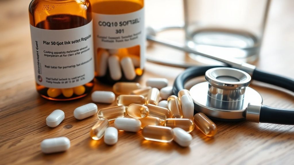 CoQ10 softgels and statin tablets with stethoscope and water glass.