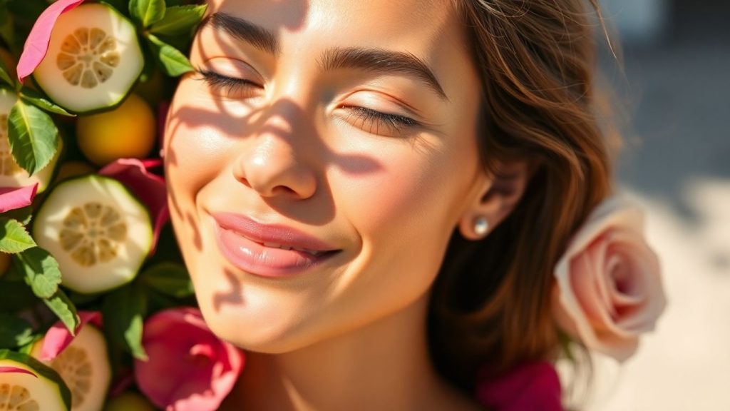 Woman with glowing summer skin and natural ingredients.