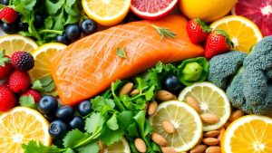 Colorful fruits, vegetables, fish, and nuts for heart health.