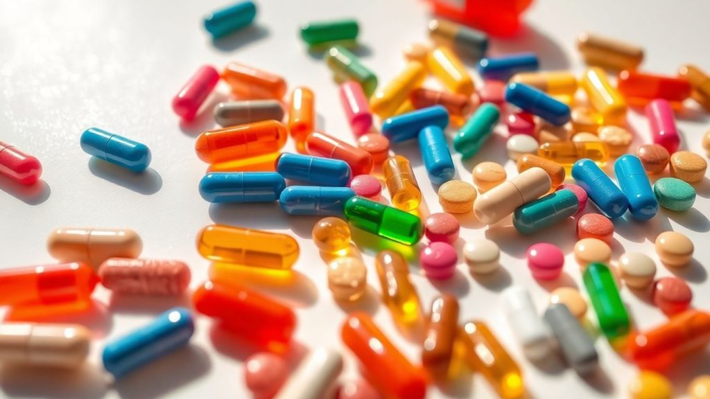 Vitamins and supplements scattered on a white surface.