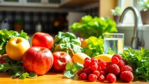 Fresh fruits and vegetables on a kitchen counter.