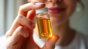 Golden CoQ10 ubiquinol capsule held by a hand.