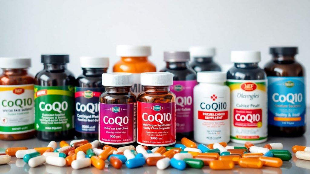 CoQ10 supplements bottles and capsules